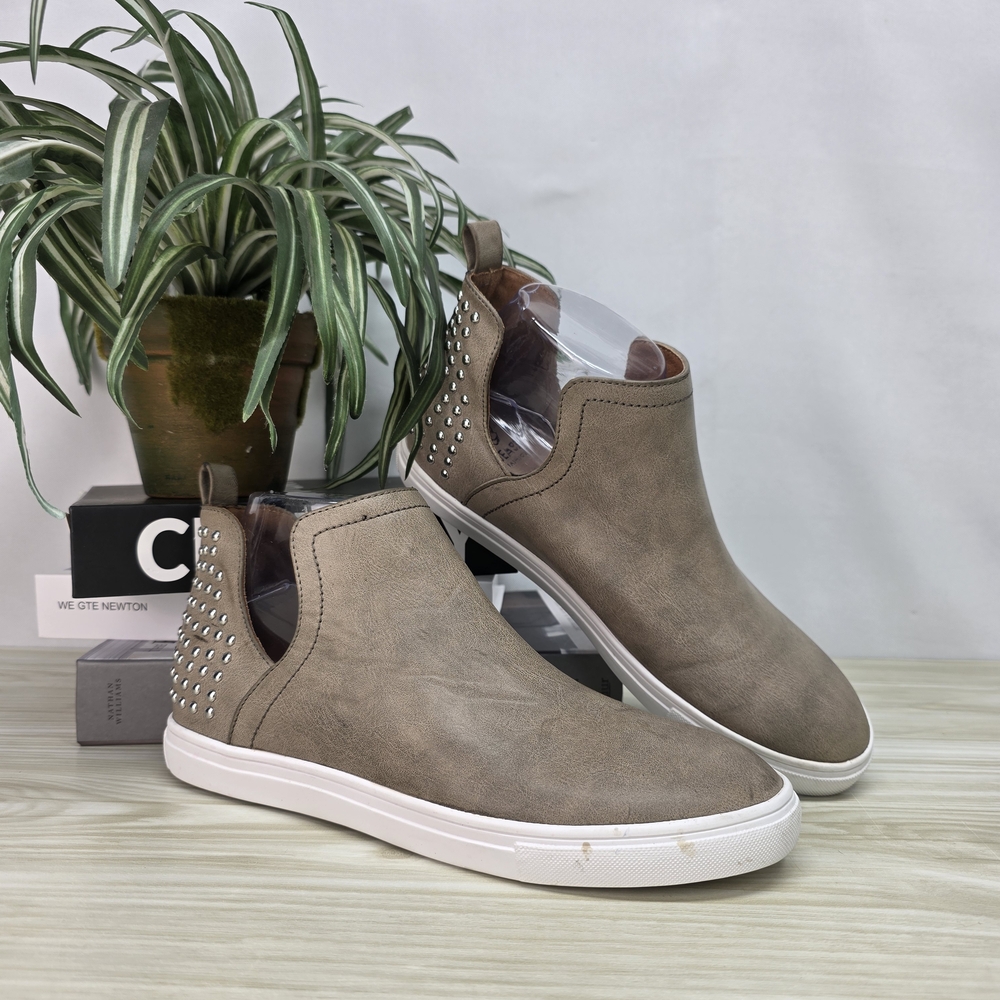 BEAST FASHION Taupe Studded Slip-On Ankle Sneakers Size 8.5